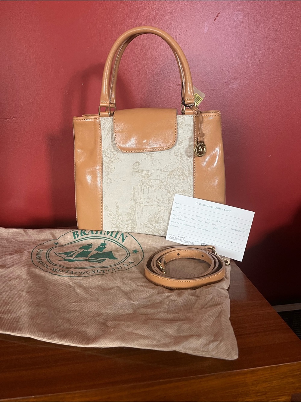 Brahmin Tan & Cream Leather-Trim Satchel